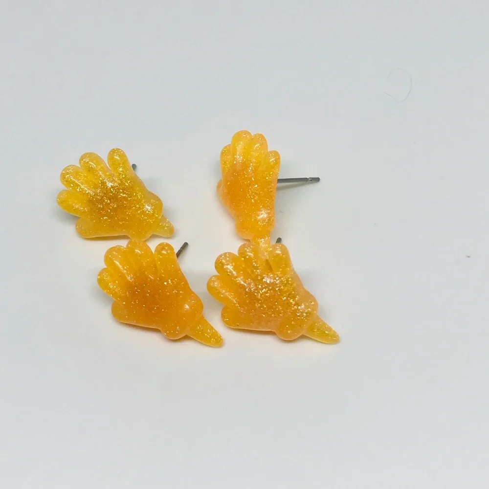 Orange Glitter Sticky Hand Resin Kawaii Hand Crafted Stud Earrings
